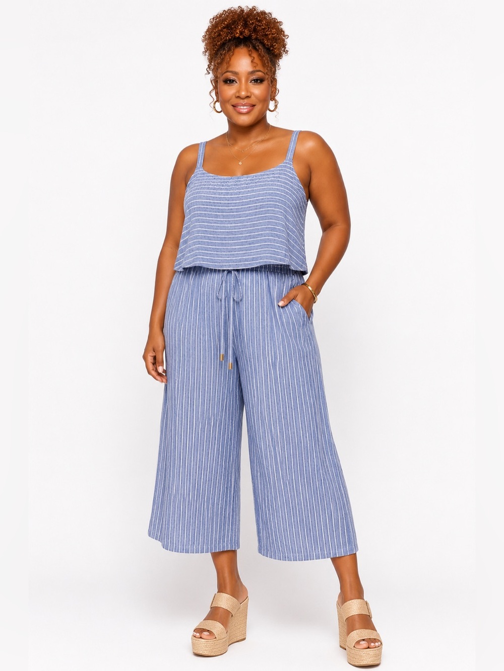 NAÏF Striped Wide Leg Cropped Jumpsuit Blue White Women’s 3X NWT